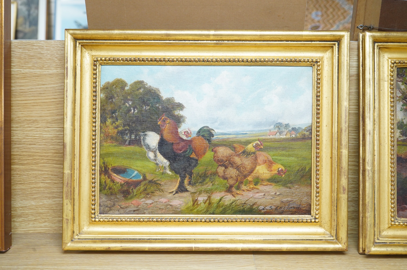 Edward S. England (fl.1890-1910), Studies of chickens before landscapes, each signed, pair of oils on canvas, 24 x 34cm, gilt framed